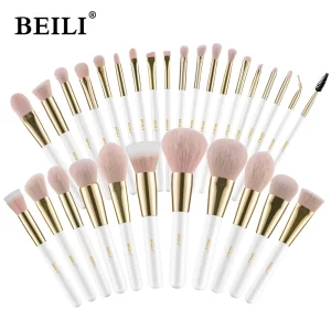 BEILI White Gold Makeup Brushes Professional Foundation Eyeshadow Powder High Quality Pink Synthetic Brush Set