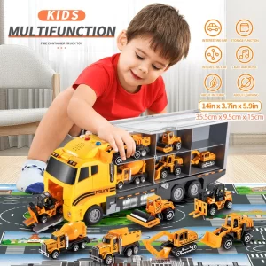 TEMI Big Container Transporter Playset with Play Mat & 6PCS Mini Engineering Vehicle Car Model Toys For Kids Boys Gifts